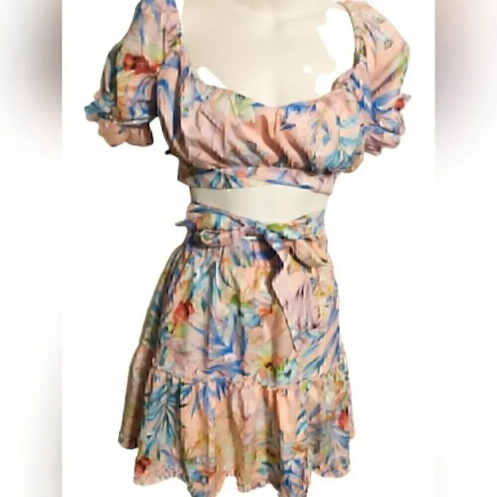 Off Shoulder Floral Print Top & Frill Hem Skirt Set Women Sets 2 Piece Set  XL - Picture 3 of 5